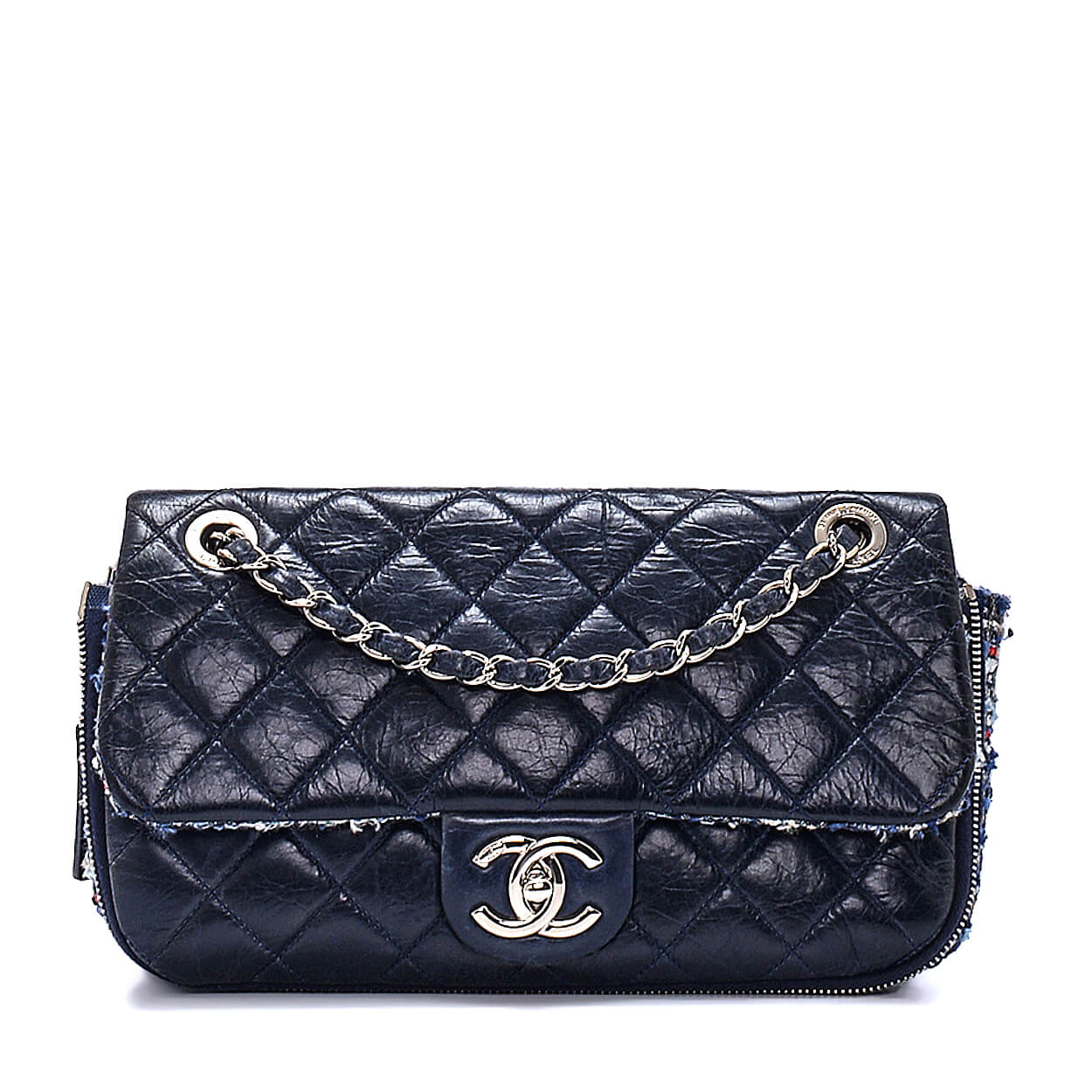 Chanel - Navy Blue Quilted Leather & Tweed Classic Single Flap Bag